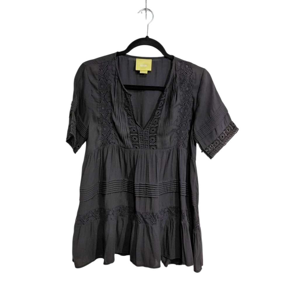 Maeve Black Crochet-Trim V-Neck Peasant Tunic